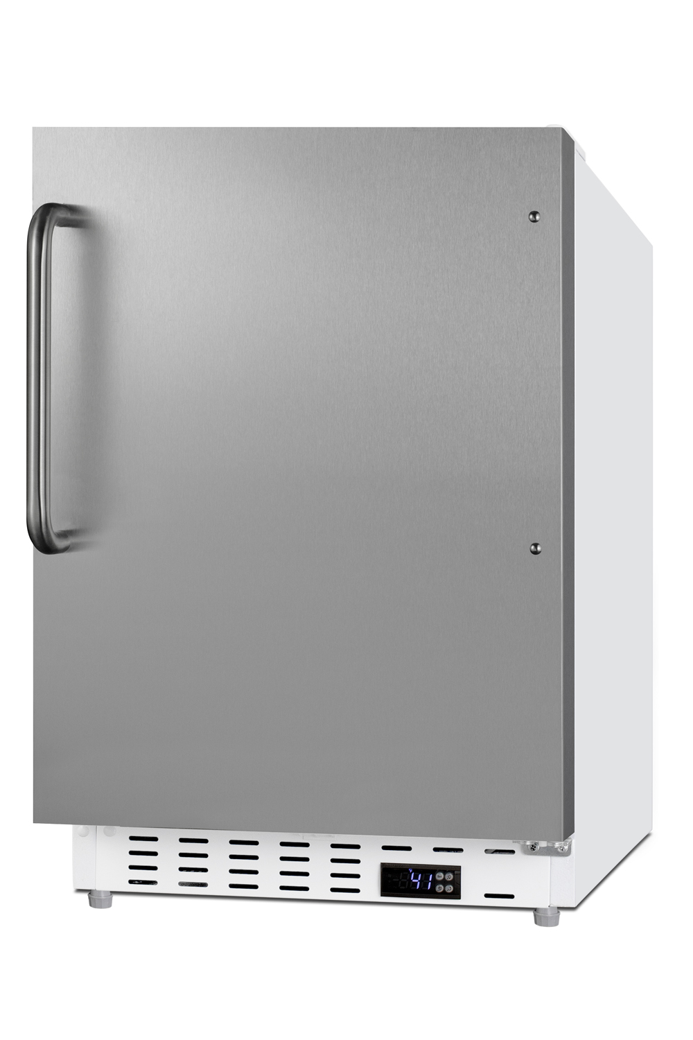 Built-in undercounter ADA compliant residential all-refrigerator in white with SS door, towel bar handle, door storage and automatic defrost operation